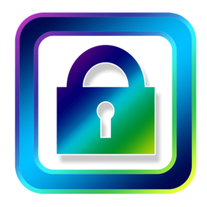 Stängt hänglås med nyckelhål i en fyrkantig ram. Färgerna går från blålila till blågrönt diagonalt. Bilden har transparent bakgrund och används för att uppmana till att ansöka om skyddad yrkestitel för undersköterskor.