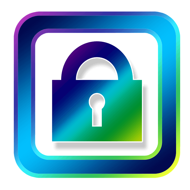 Stängt hänglås med nyckelhål i en fyrkantig ram. Färgerna går från blålila till blågrönt diagonalt. Bilden har transparent bakgrund och används för att uppmana till att ansöka om skyddad yrkestitel för undersköterskor.