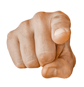 Knuten hand framifrån med pekfinger riktat rakt mot betraktaren, transparent bakgrund.