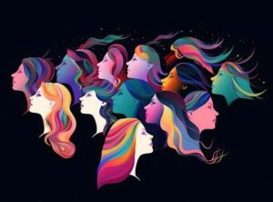 Illustration med ett flertal långhåriga färgglada kvinnohuvuden i profil mot en svart bakgrund. Bilden bidrar till namnsdags-inläggets visuella design.
