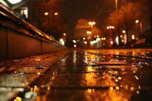 Lampor som reflekteras på en regnvåt gata. Bilden har varma färger och bidrar till namnsdags-inläggets visuella design.