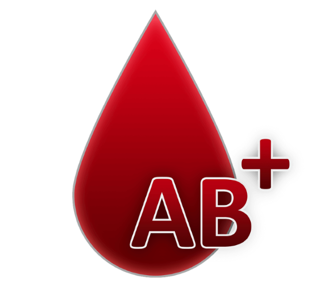En röd bloddroppe med blodgruppen AB+ angiven i nedre högra hörnet, delvis över bloddroppen. Bilden har genomskinlig bakgrund och används för design av ett inlägg om blodgivning.