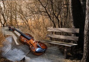 En manipulerad bild där en fiol och notblad är infällda i en naturmiljö med avlövade småträd, vass och grövre trädstammar. Fiolen och notbladen ligger på vassen till vänster i bild, medan en parkbänk står framför de grövre trädstammarna till höger. Bilden bidrar till namnsdags-inläggets visuella design.