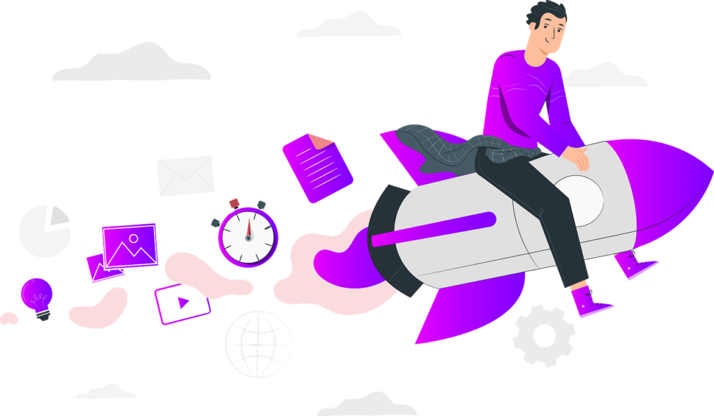 Tecknad bild med genomskinlig bakgrund. Längst till höger i bilden finns en grå, svart och lila rymdraket. På raketen sitter en man grensle, klädd i lila tröja och skor, svarta byxor och med ett grått skynke runt midjan som fladdrar i fartvinden. Bakom raketen syns en ström av föremål: ett anteckningsblock, ett tidtagarur, en glödlampa samt symboler för bilder och en videospelningsknapp. Bilden används som en del av designen för startsidan.