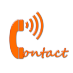 Tecknad orange telefonlur med mikrofon och hörfunktion som bildar ett C. Texten 'ontact' i orange följer med luren, och stiliserade orange ljudvågor strömmar från överdelen. Bilden används på kontaktsidan med kontaktuppgifter.