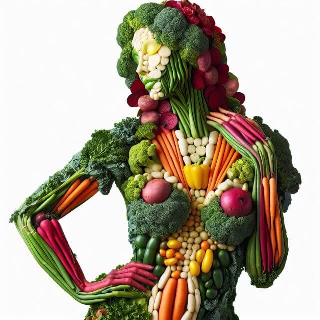 AI-genererad bild av en kvinna skapad av grönsaker, med vit bakgrund. Används i ett inlägg om hälsosamma kostvanor.