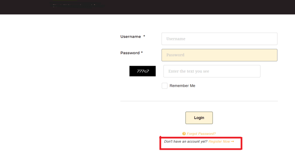 Formulär som öppnas för registrering, med texten "Don´t have an account yet? Register Now" markerad med röd ram.