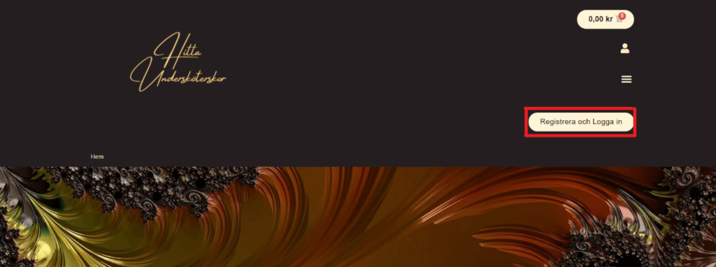 Bild av sidhuvudet på webbplatsen med Registrering och Logga in-funktionen markerad med en röd fyrkantig ram.