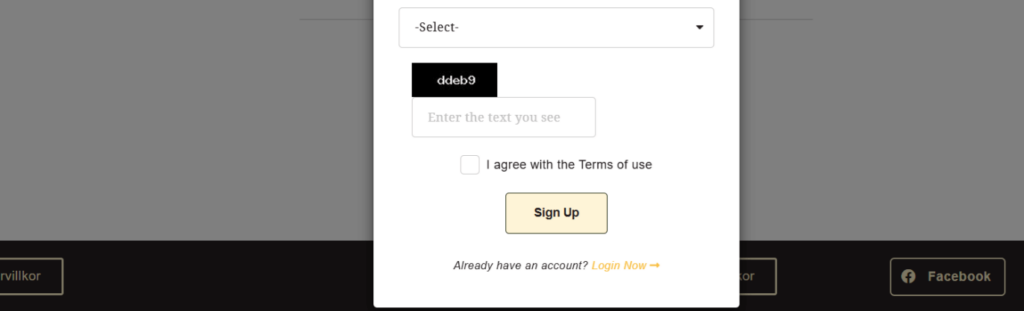 Bild som visar nedre delen av formuläret "Sign up", som öppnas och lägger sig över det tidigare formuläret när man trycker på texten "Don’t have an account yet? Register Now". Bilden används för sidan med Registrering och inloggningshjälp på webbplatsen.
